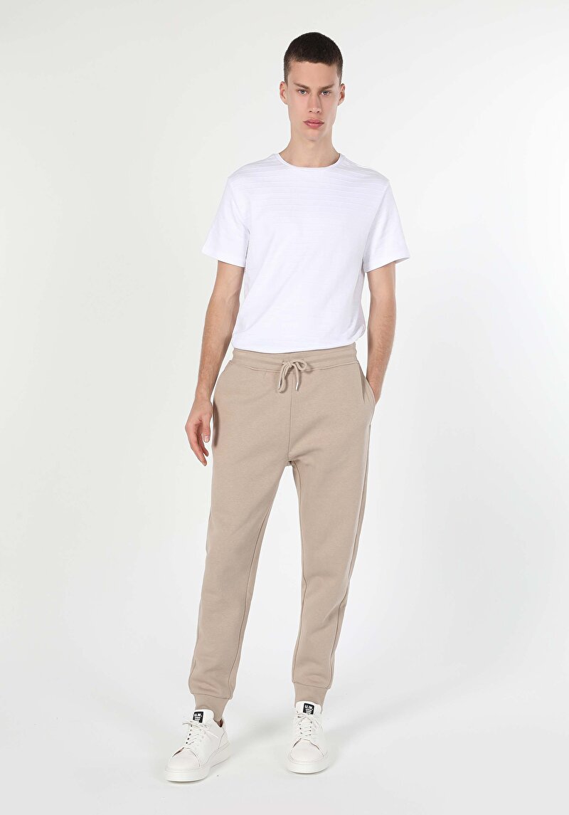 Slim Fit Orta Bel Düz Erkek Bej Eşofman Altı