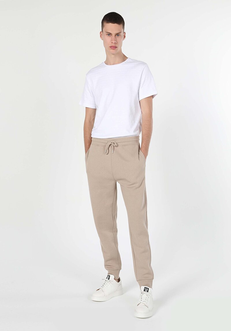Slim Fit Orta Bel Düz Erkek Bej Eşofman Altı