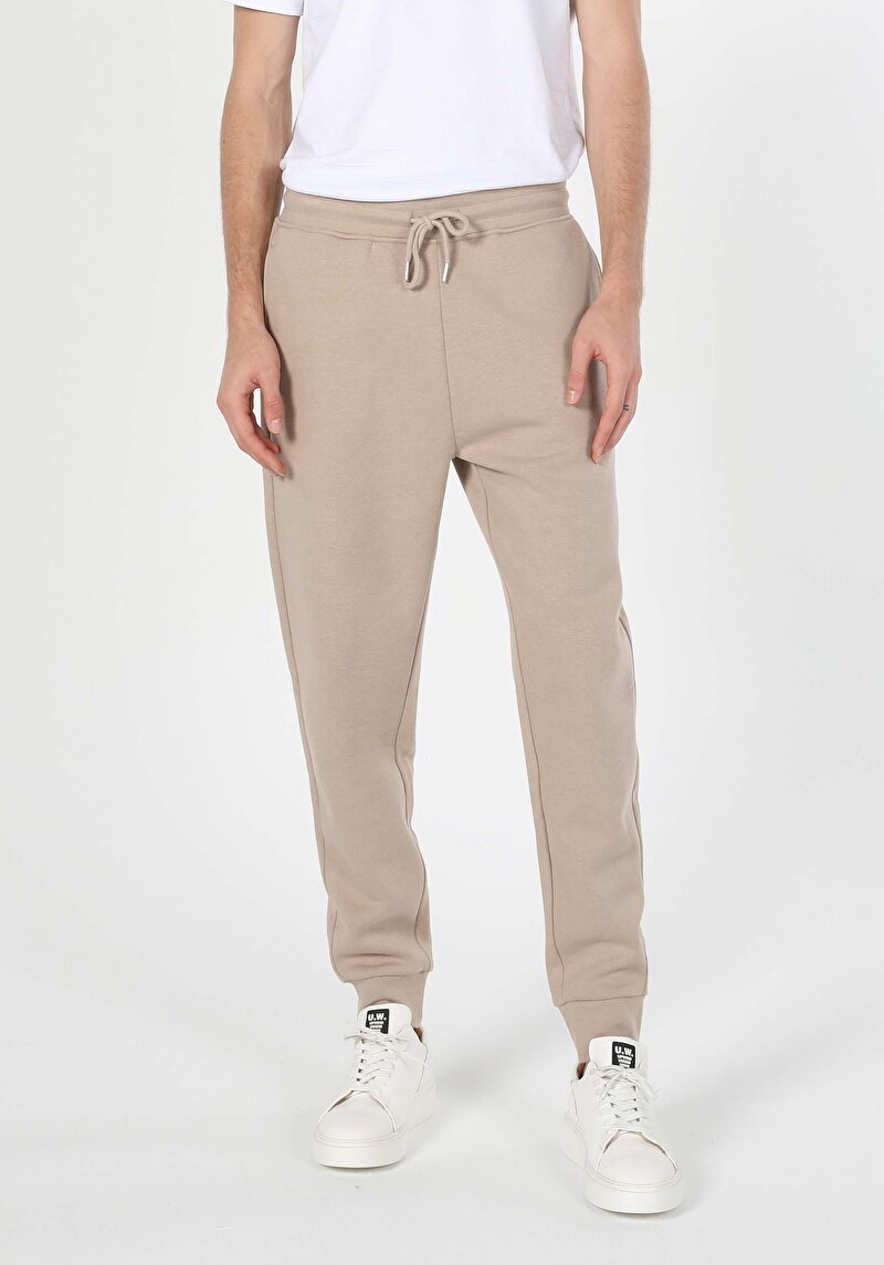 Slim Fit Orta Bel Düz Erkek Bej Eşofman Altı