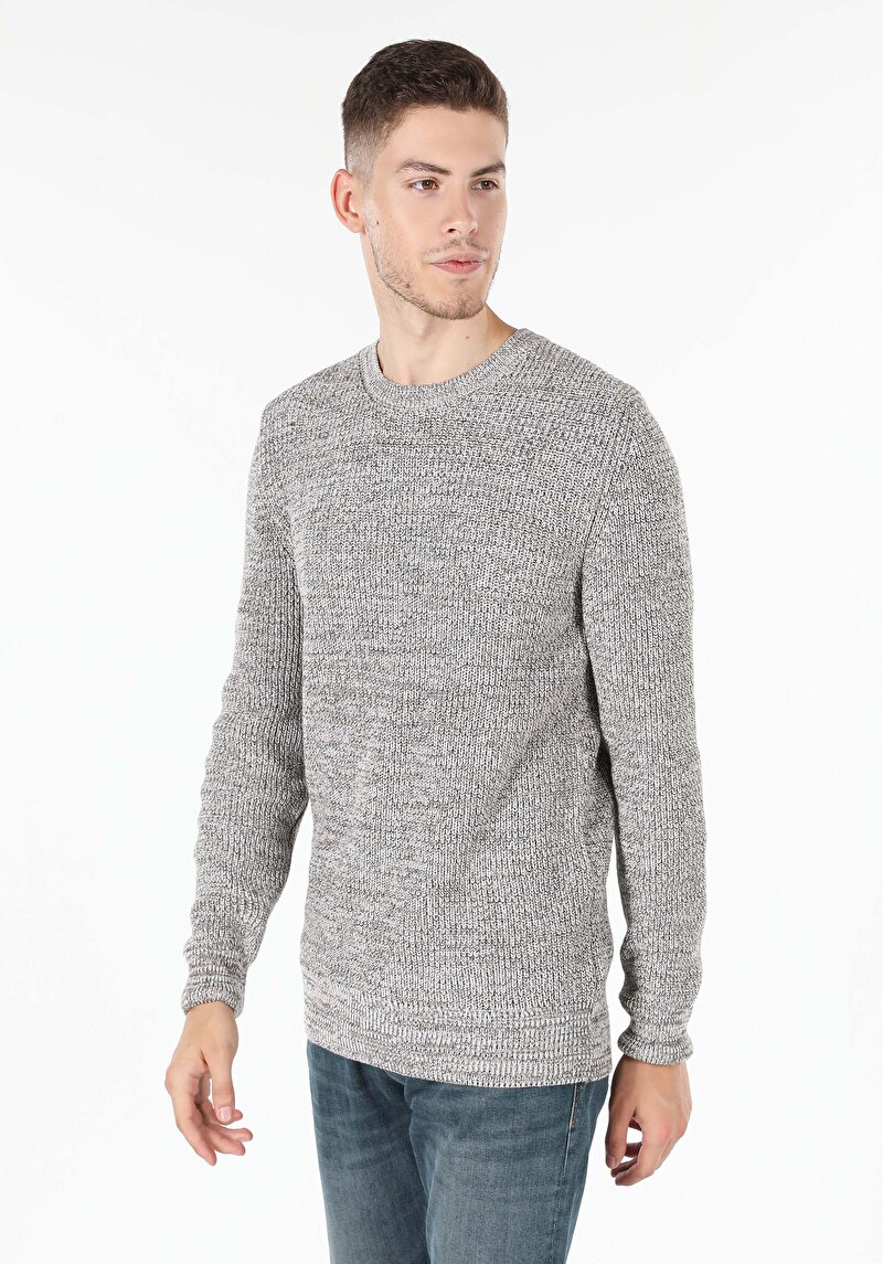 Slim Fit Yuvarlak Yaka Jakarlı Erkek Bej Kazak