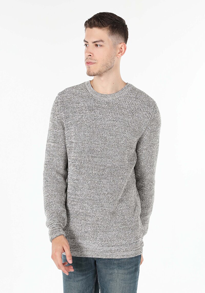 Slim Fit Yuvarlak Yaka Jakarlı Erkek Bej Kazak