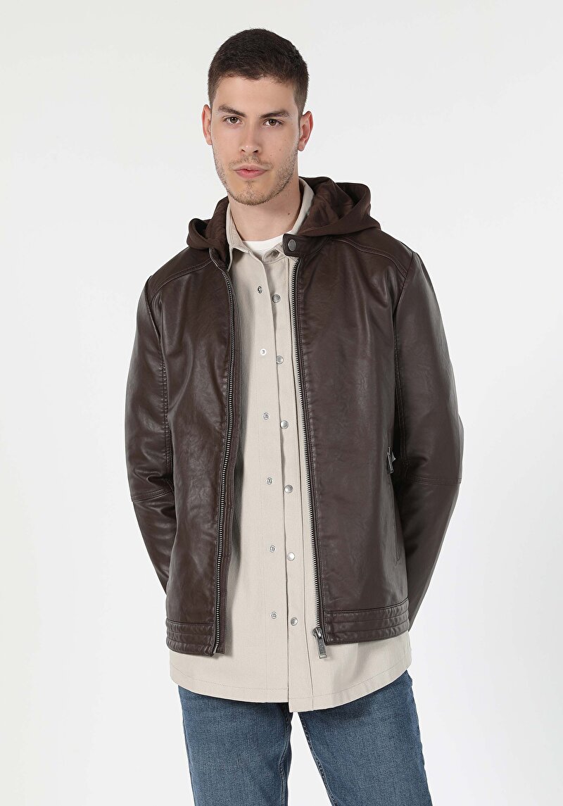 Slim Fit     Erkek Kahverengi Mont Pu