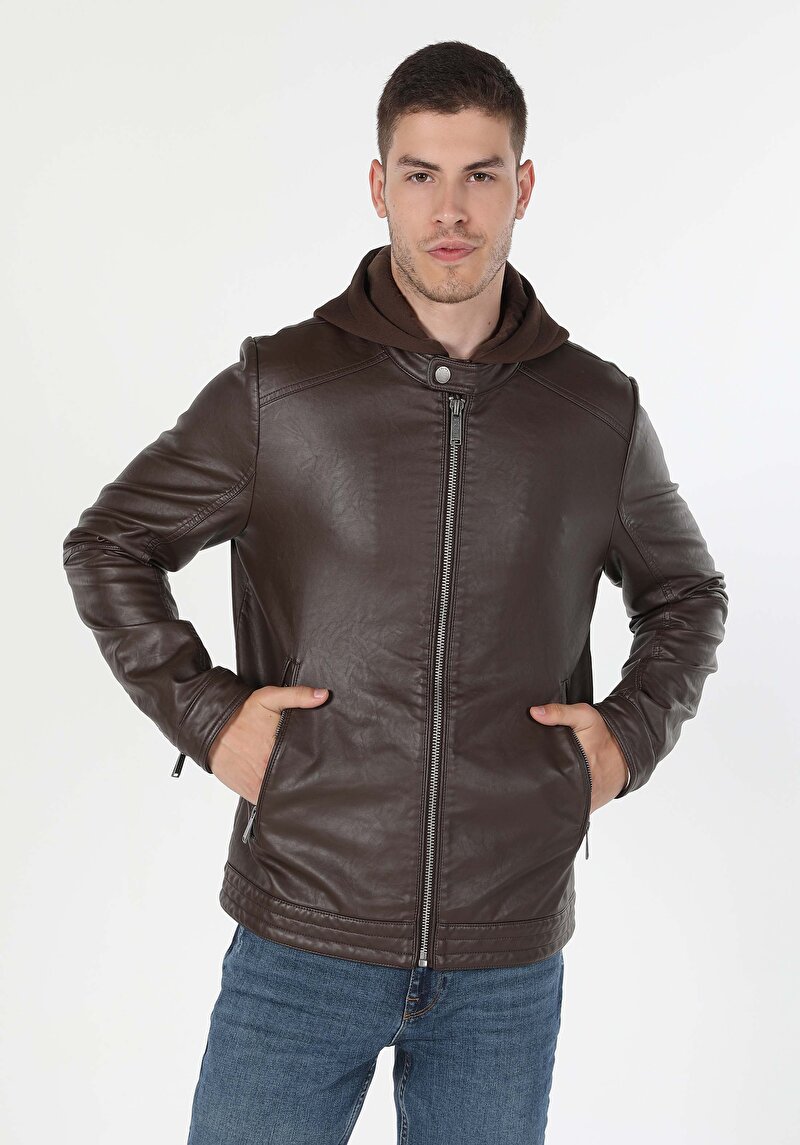 Slim Fit     Erkek Kahverengi Mont Pu