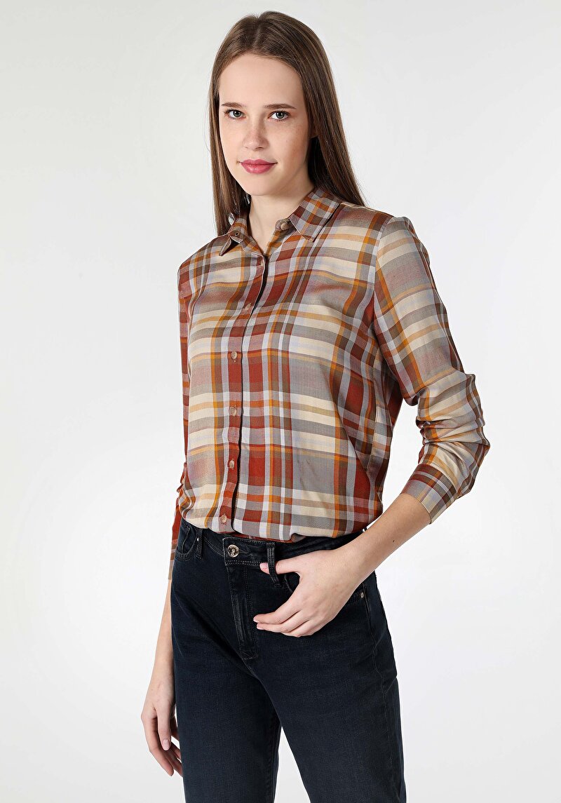 Regular Fit Shirt Neck Ekoseli Kadın Kahverengi Uzun Kol Gömlek Cl1060010
