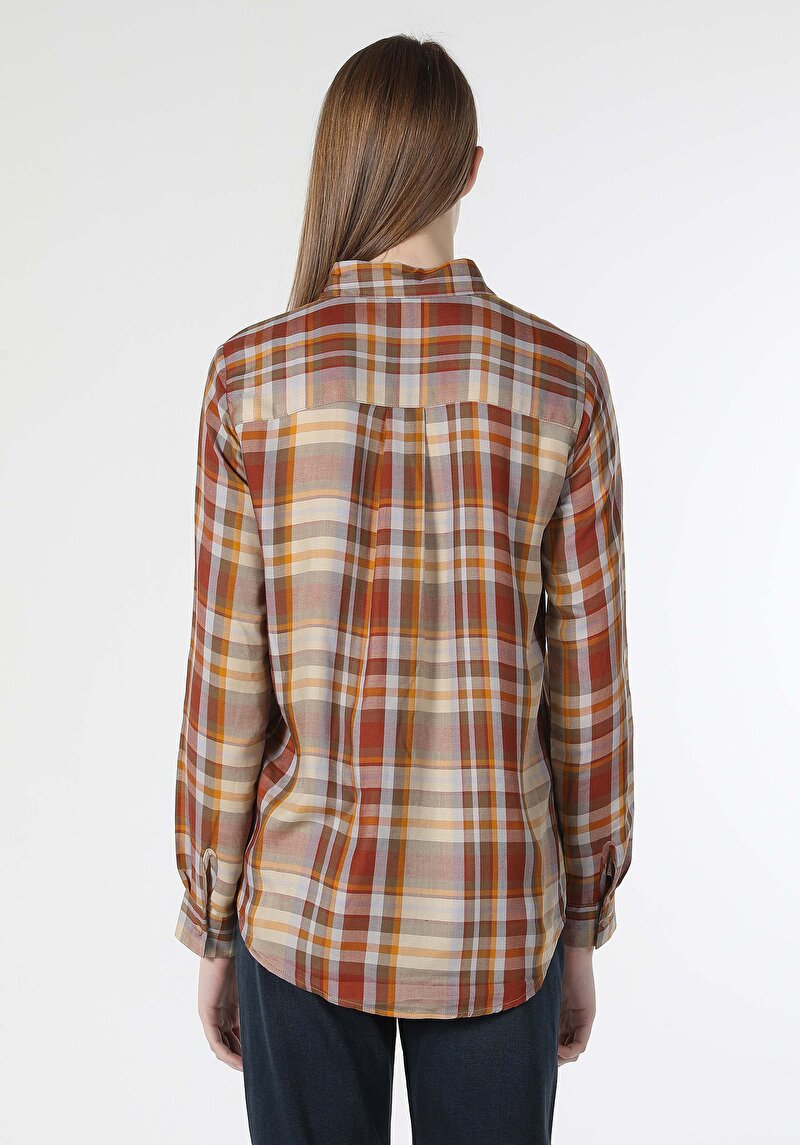 Regular Fit Shirt Neck Ekoseli Kadın Kahverengi Uzun Kol Gömlek Cl1060010