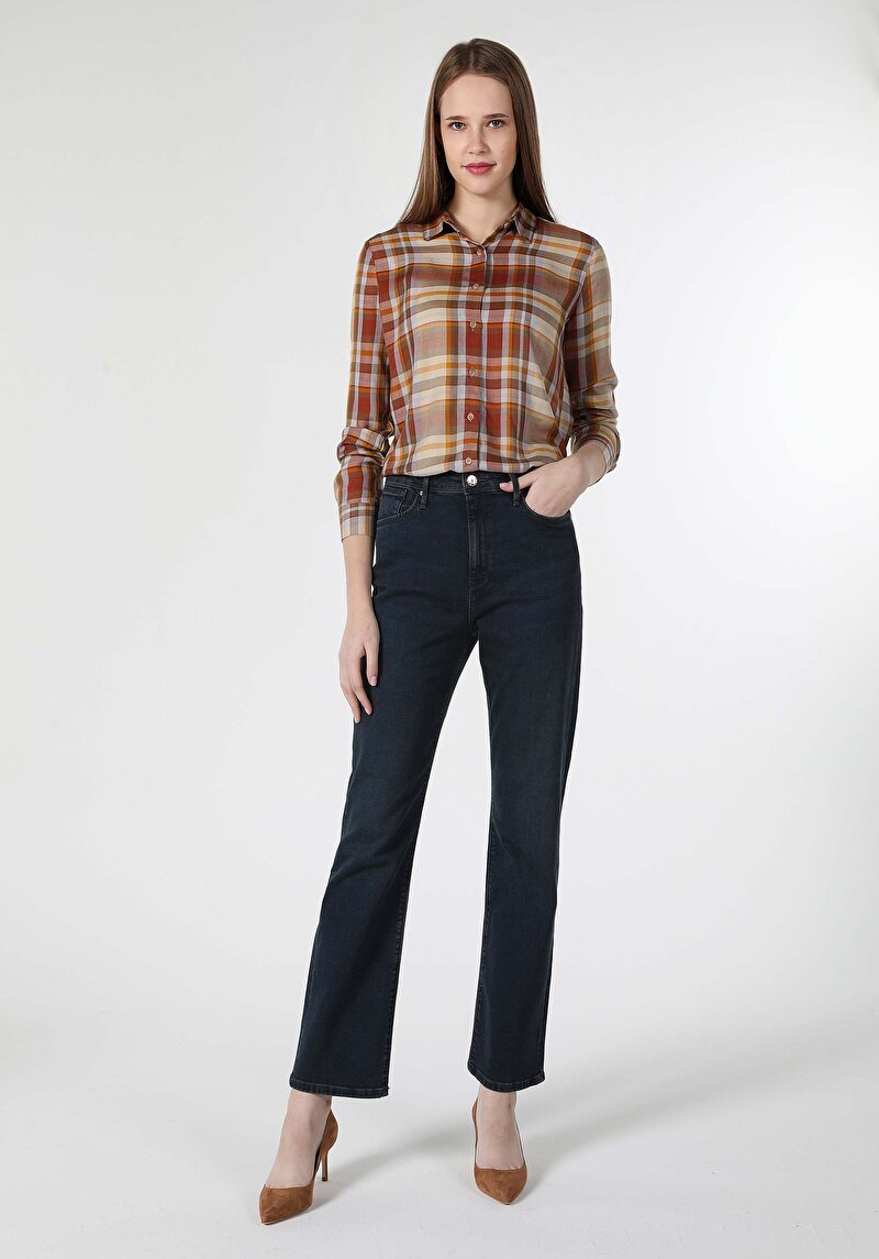 Regular Fit Shirt Neck Ekoseli Kadın Kahverengi Uzun Kol Gömlek Cl1060010