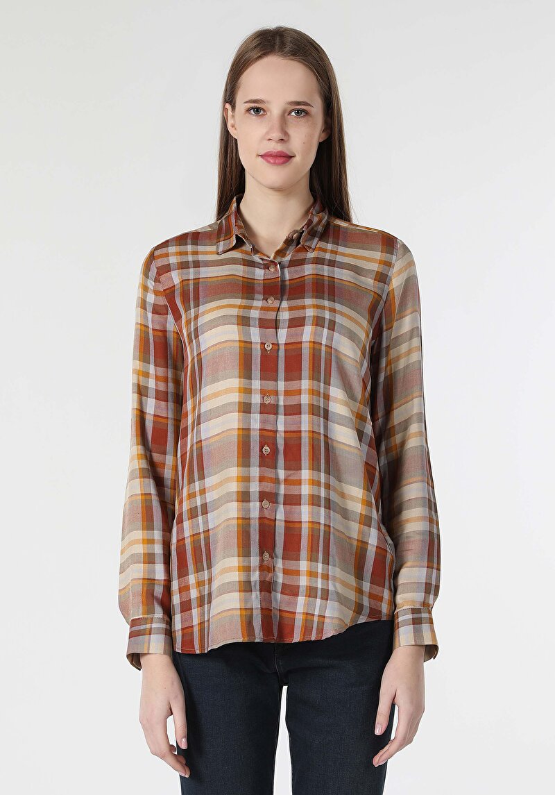 Regular Fit Shirt Neck Ekoseli Kadın Kahverengi Uzun Kol Gömlek Cl1060010
