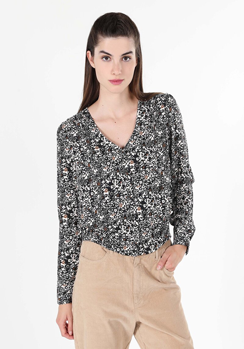 Regular Fit V Yaka Baskılı Kadın Lacivert Uzun Kol Gömlek