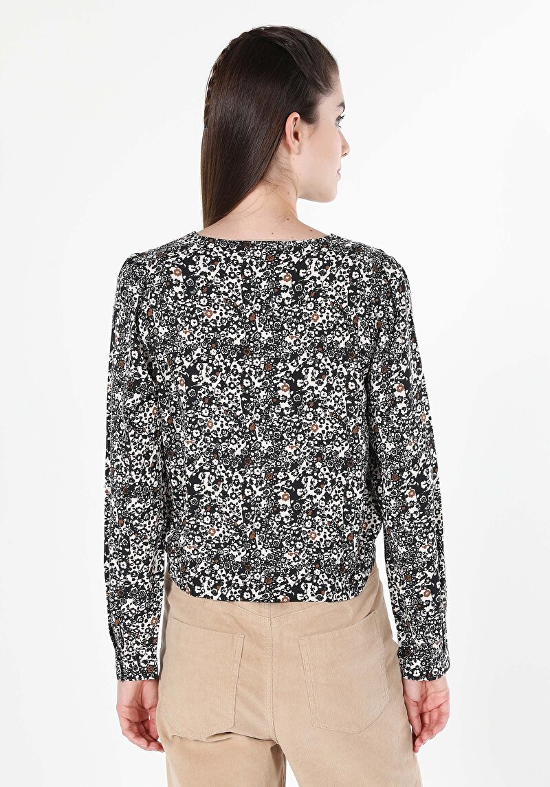 Regular Fit V Yaka Baskılı Kadın Lacivert Uzun Kol Gömlek