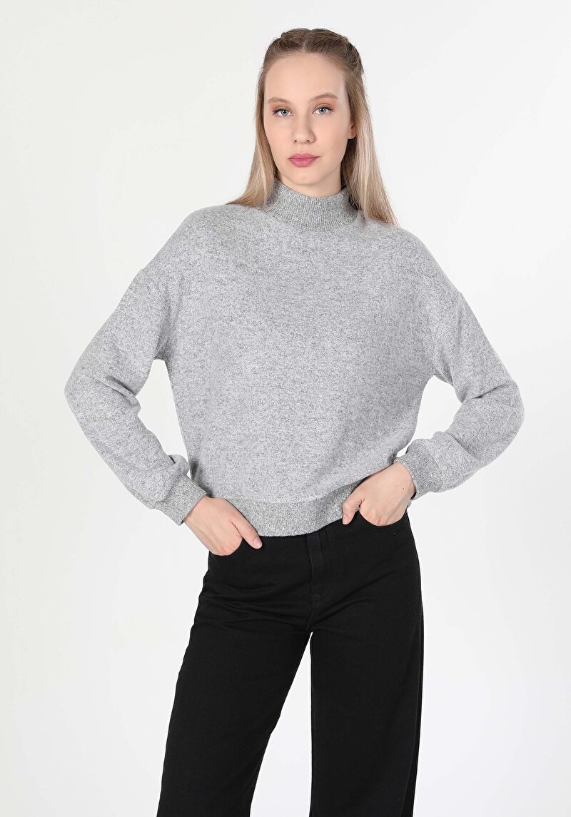 Regular Fit Yarım Balıkçı Yaka Düz Kadın Gri Uzun Kol Tişört
