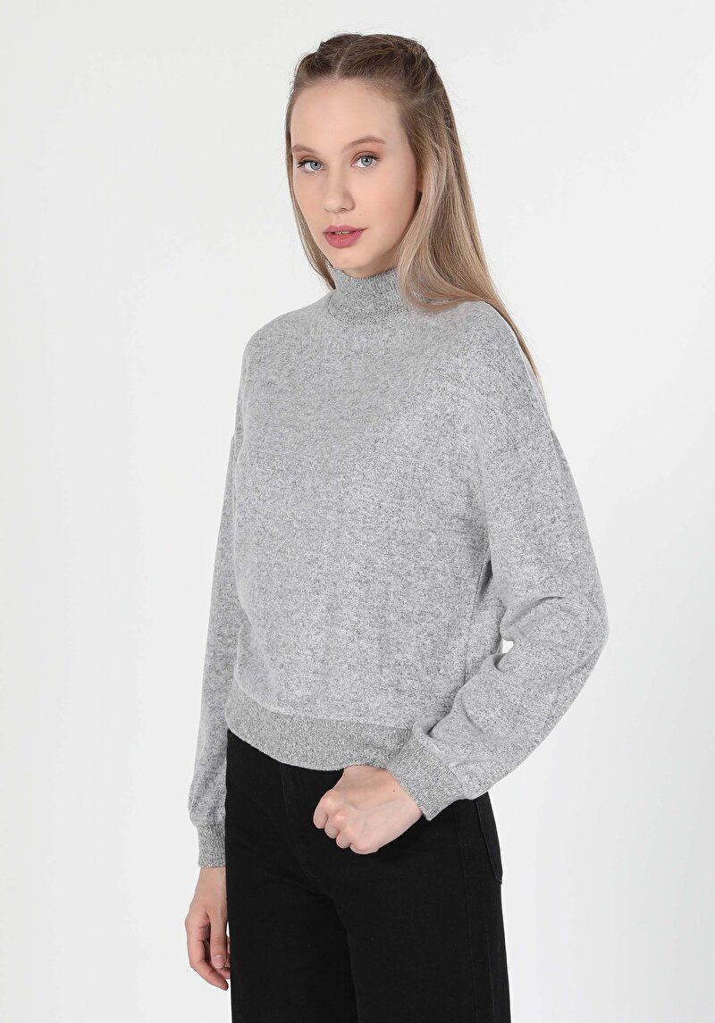 Regular Fit Yarım Balıkçı Yaka Düz Kadın Gri Uzun Kol Tişört