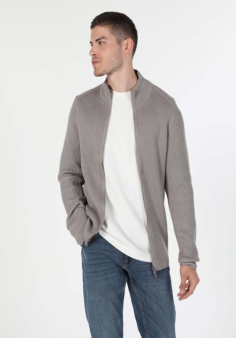 Slim Fit Erkek Bej Triko Hırka