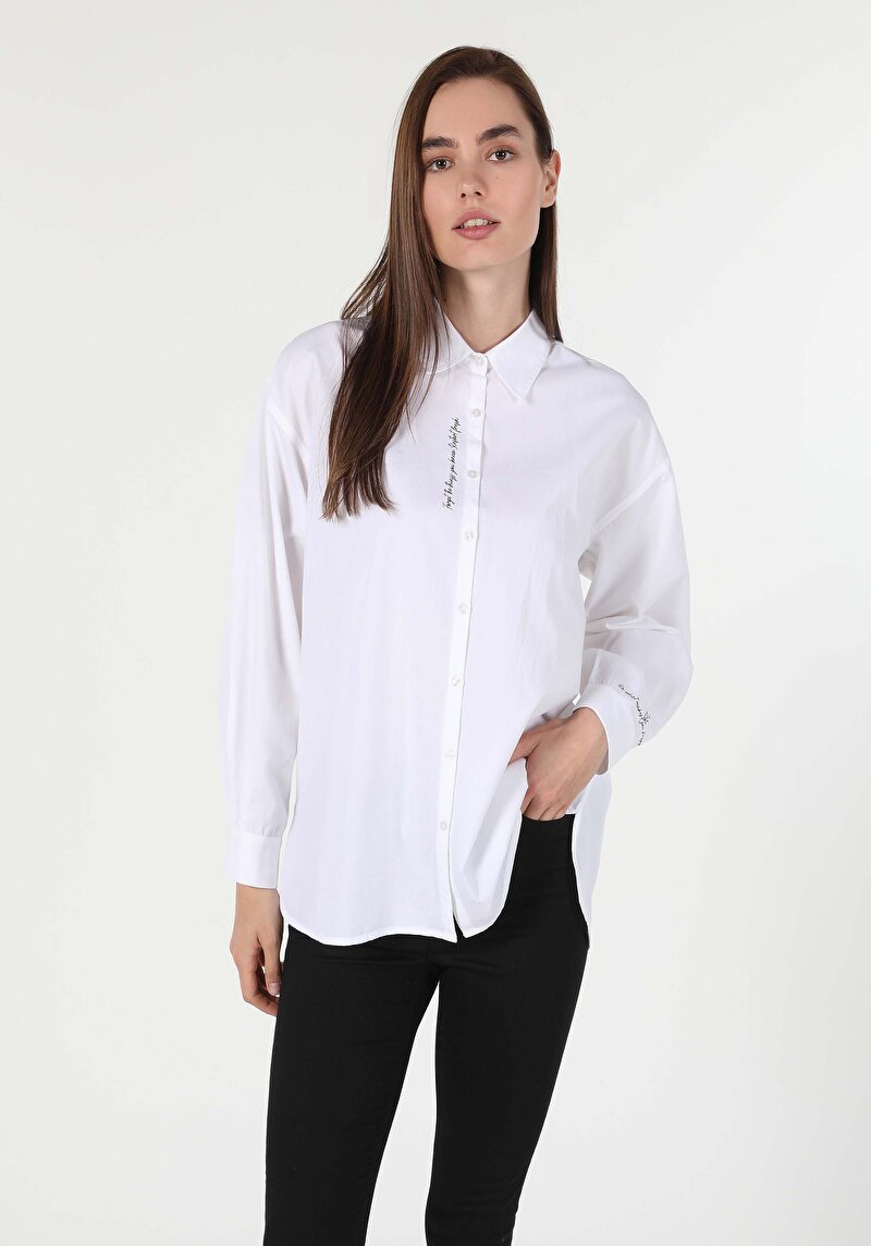Relaxed Fit Shirt Neck Baskılı Kadın Beyaz Uzun Kol Gömlek