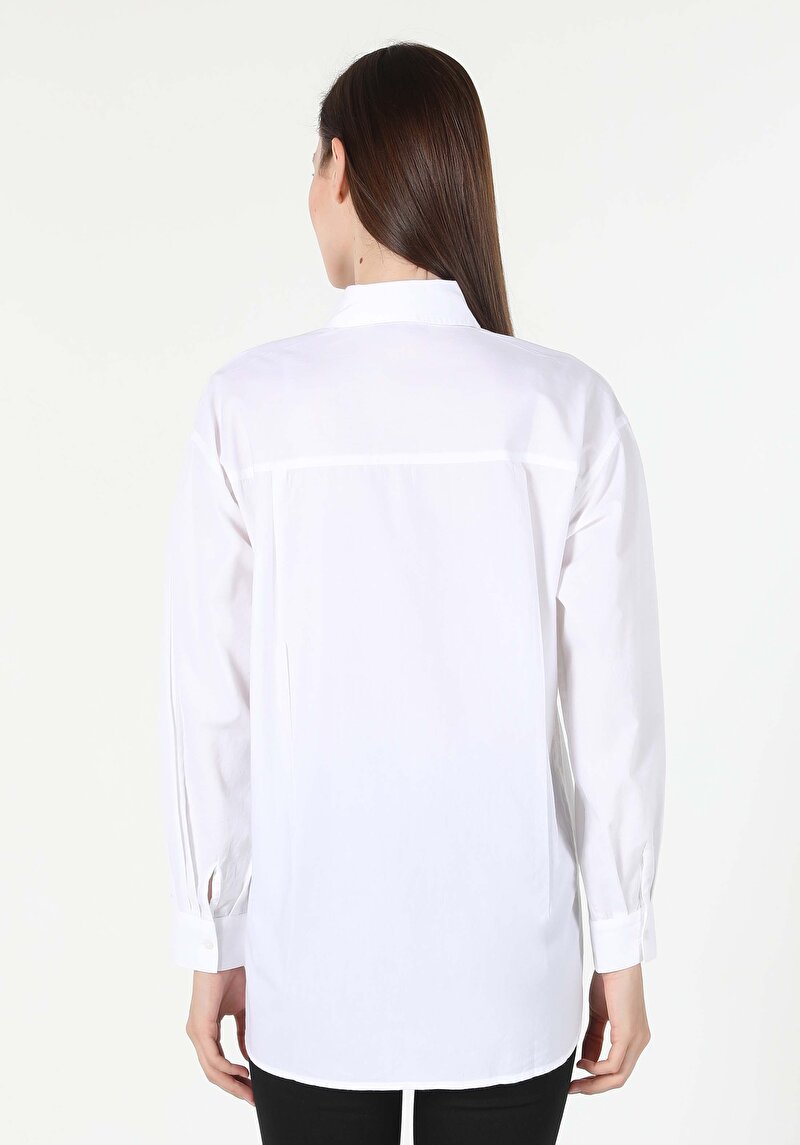 Relaxed Fit Shirt Neck Baskılı Kadın Beyaz Uzun Kol Gömlek