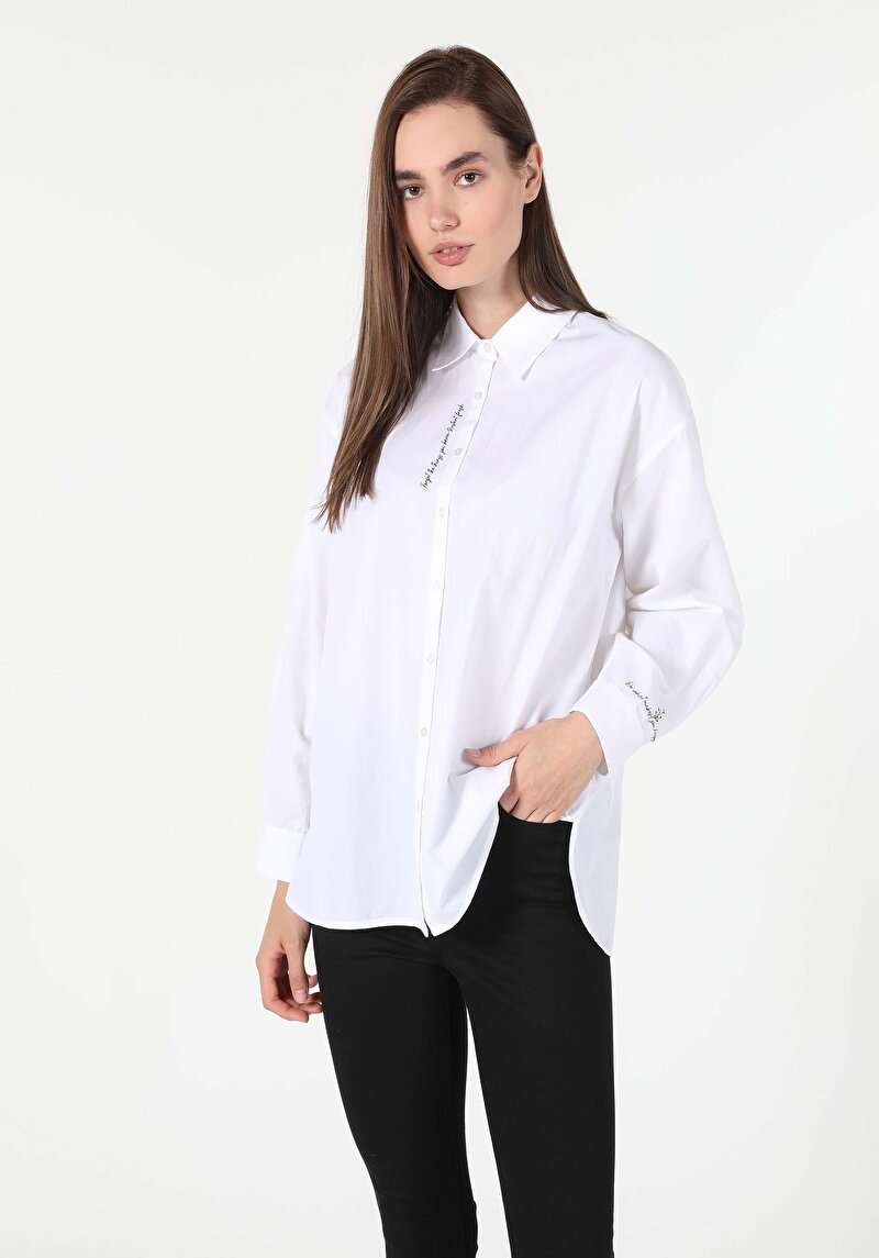 Relaxed Fit Shirt Neck Baskılı Kadın Beyaz Uzun Kol Gömlek