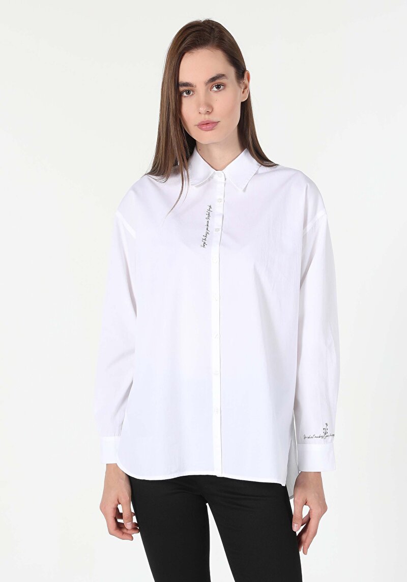Relaxed Fit Shirt Neck Baskılı Kadın Beyaz Uzun Kol Gömlek