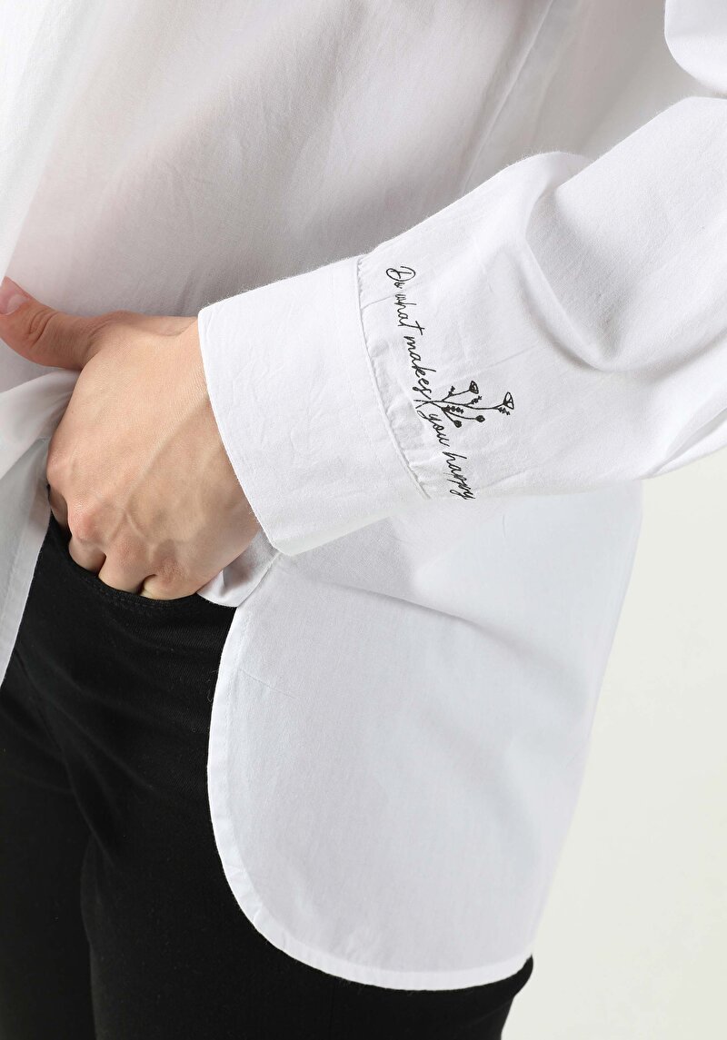 Relaxed Fit Shirt Neck Baskılı Kadın Beyaz Uzun Kol Gömlek