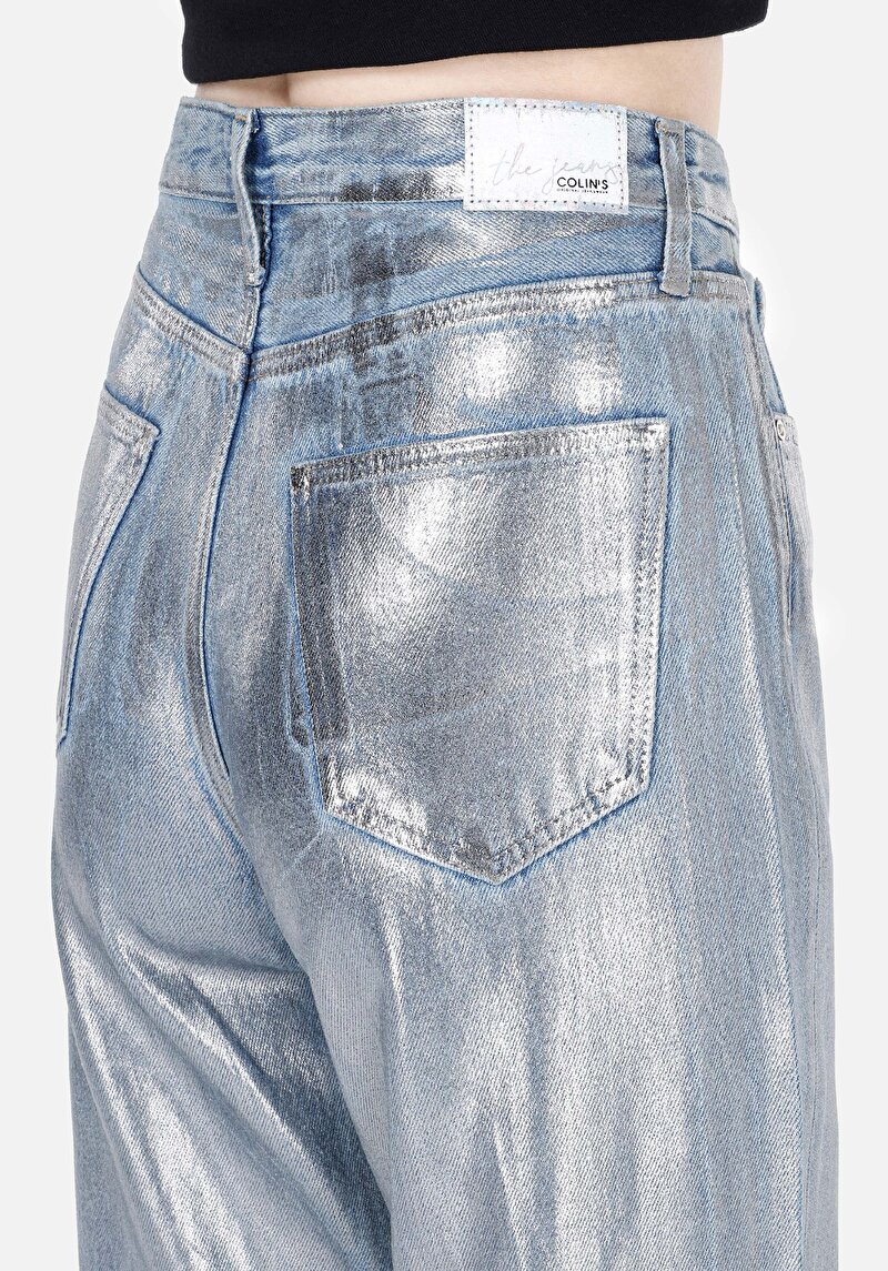 Regular Fit Yüksel Bel Geniş Paça Kadın Metalik Desenli Denim Jean Pantolon