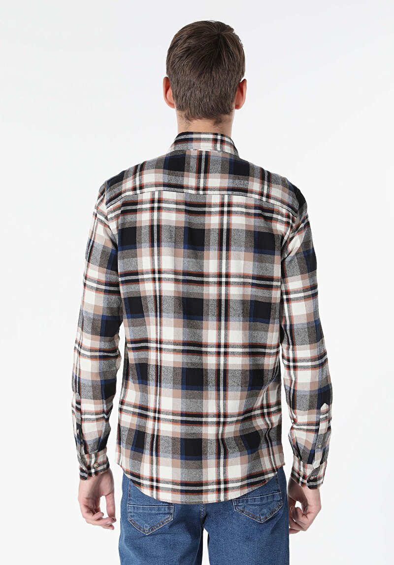 Slim Fit Shirt Neck Ekoseli Erkek Bej Uzun Kol Gömlek