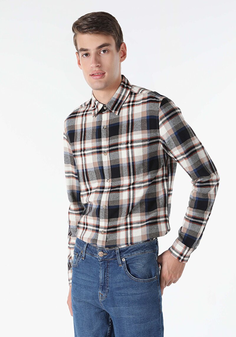 Slim Fit Shirt Neck Ekoseli Erkek Bej Uzun Kol Gömlek