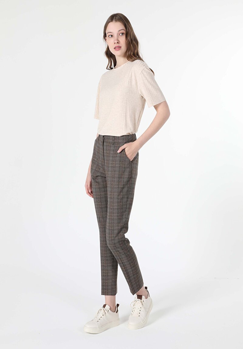 Slim Fit Düşük Bel Düz Paça Kadın Kahverengi  Pantolon