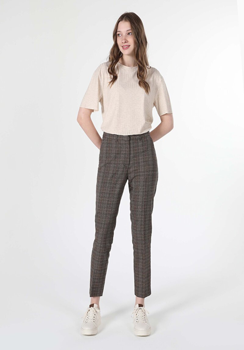 Slim Fit Düşük Bel Düz Paça Kadın Kahverengi  Pantolon
