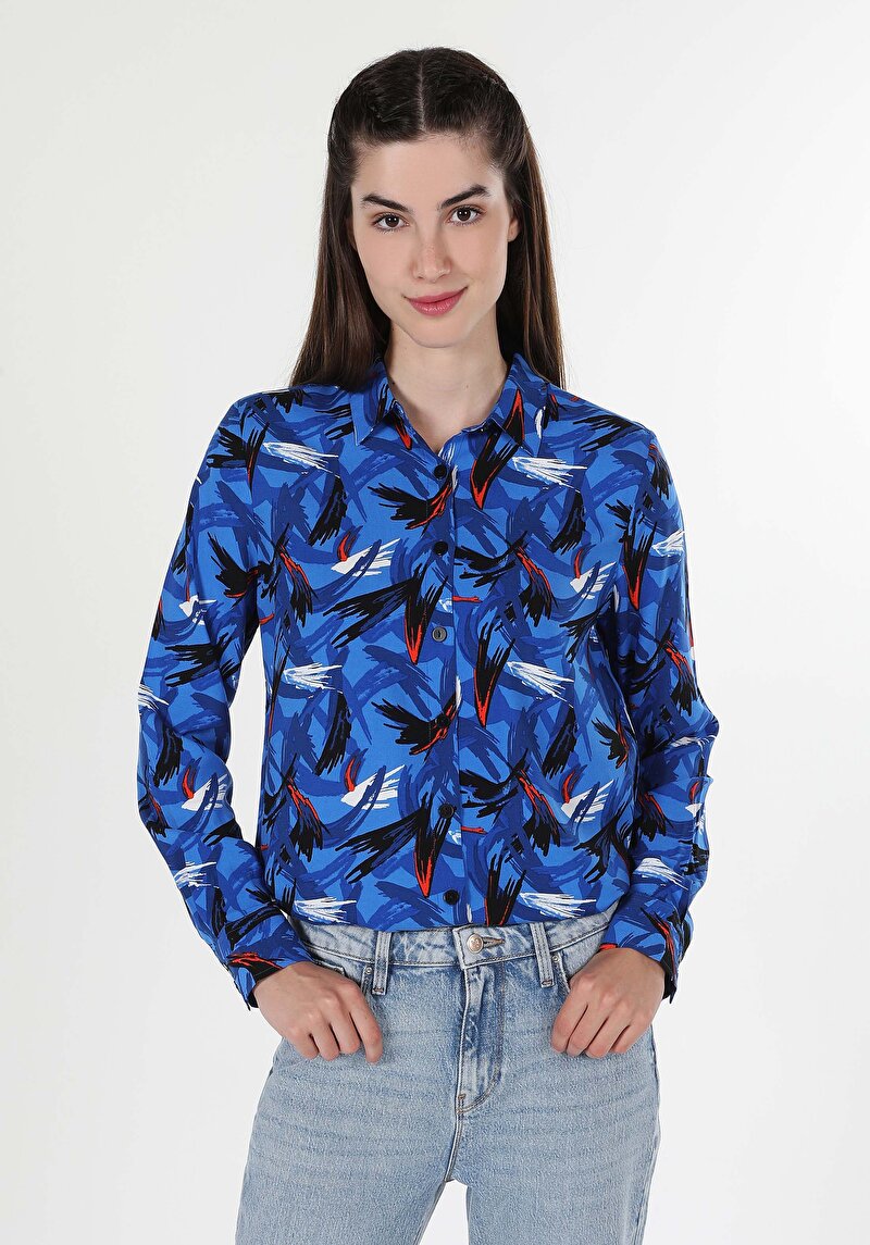 Regular Fit Shirt Neck Baskılı Kadın Çok Renkli Uzun Kol Gömlek