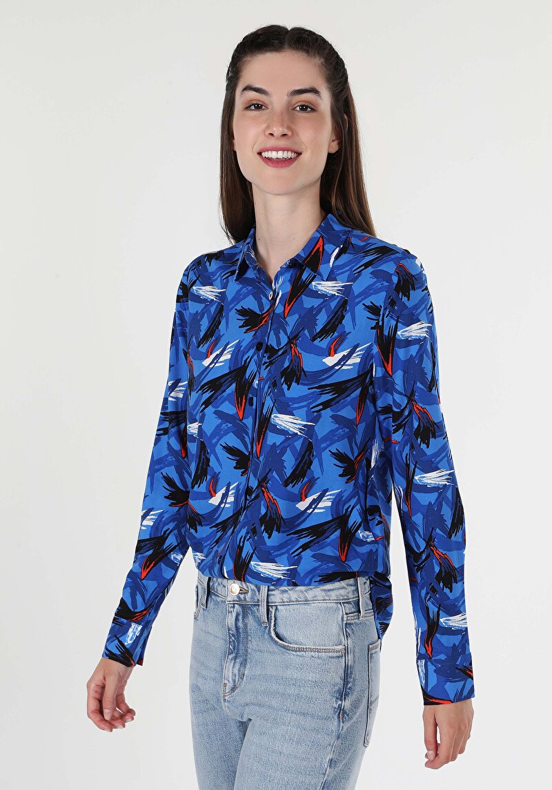Regular Fit Shirt Neck Baskılı Kadın Çok Renkli Uzun Kol Gömlek