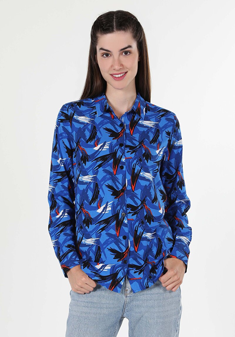Regular Fit Shirt Neck Baskılı Kadın Çok Renkli Uzun Kol Gömlek