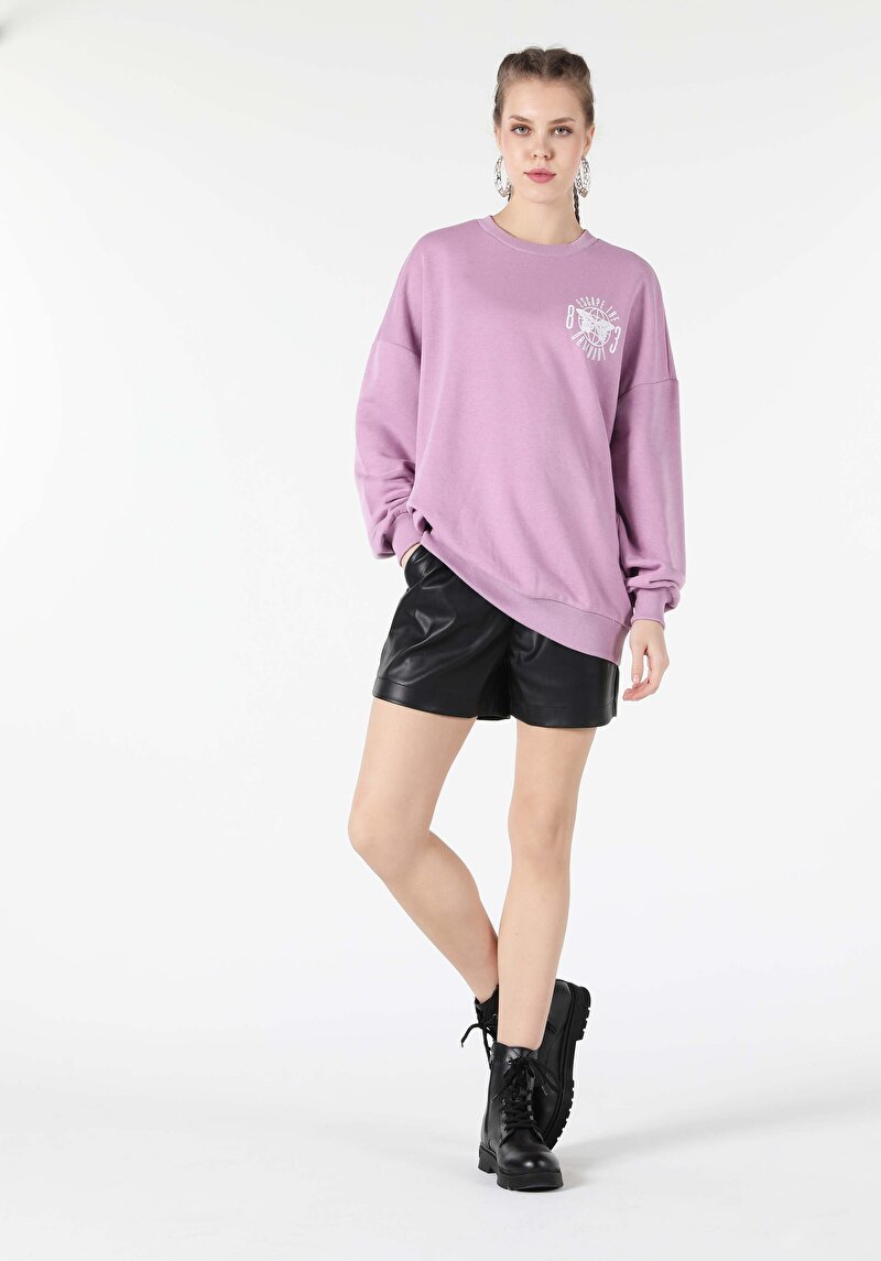 Oversize Fit Yazılı Mor Kadın Sweatshirt