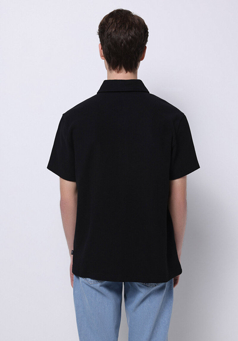 Comfort Fit Polo Yaka Düz Erkek Siyah Fermuarlı Kısa Kol Tişört