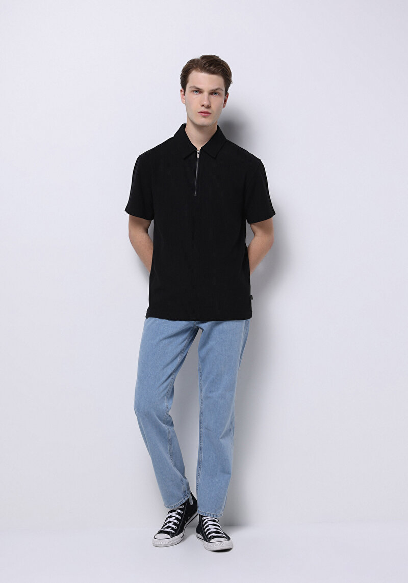 Comfort Fit Polo Yaka Düz Erkek Siyah Fermuarlı Kısa Kol Tişört