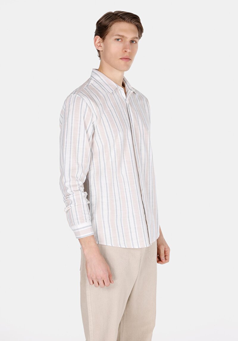 Regular Fit Shirt Neck Çizgili Erkek Ekru Uzun Kol Gömlek