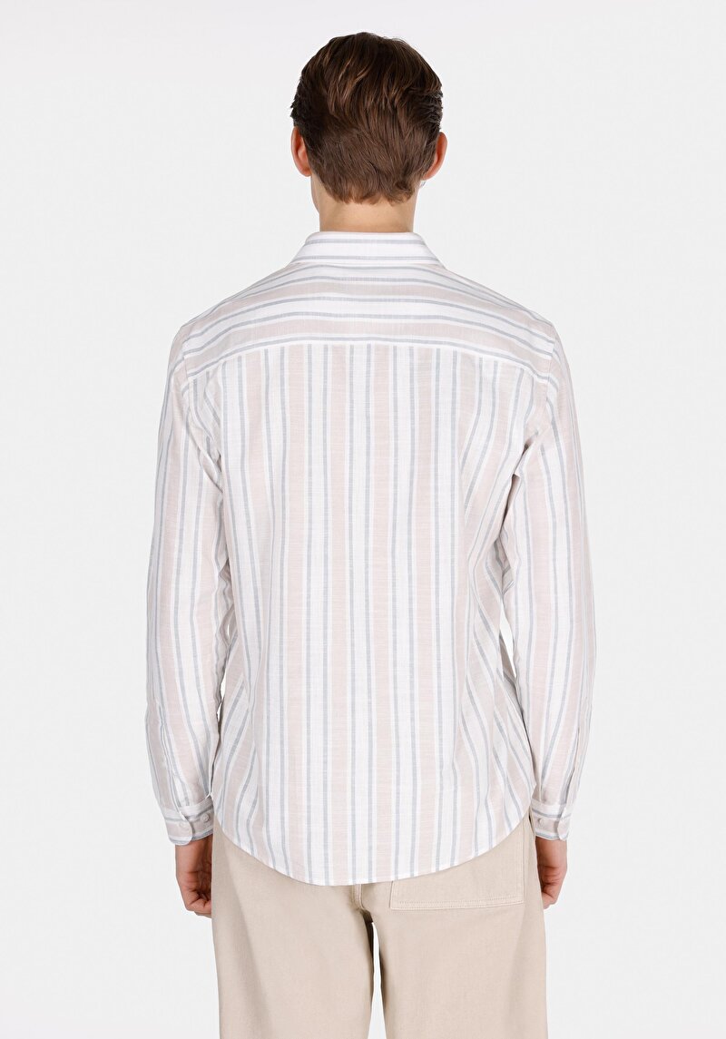Regular Fit Shirt Neck Çizgili Erkek Ekru Uzun Kol Gömlek