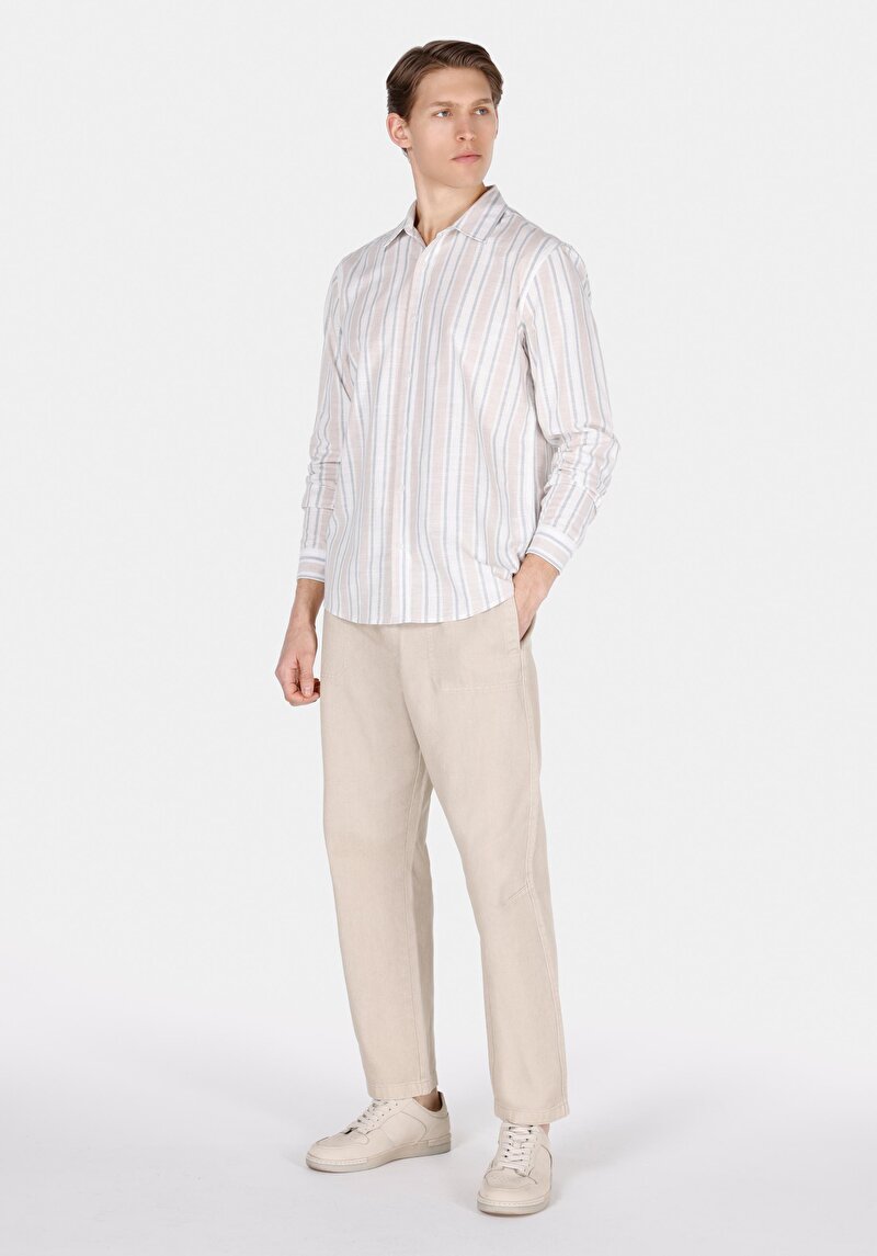 Regular Fit Shirt Neck Çizgili Erkek Ekru Uzun Kol Gömlek