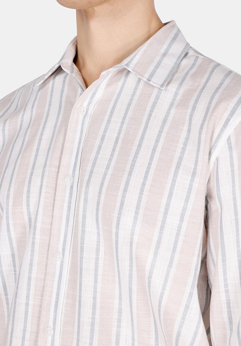 Regular Fit Shirt Neck Çizgili Erkek Ekru Uzun Kol Gömlek