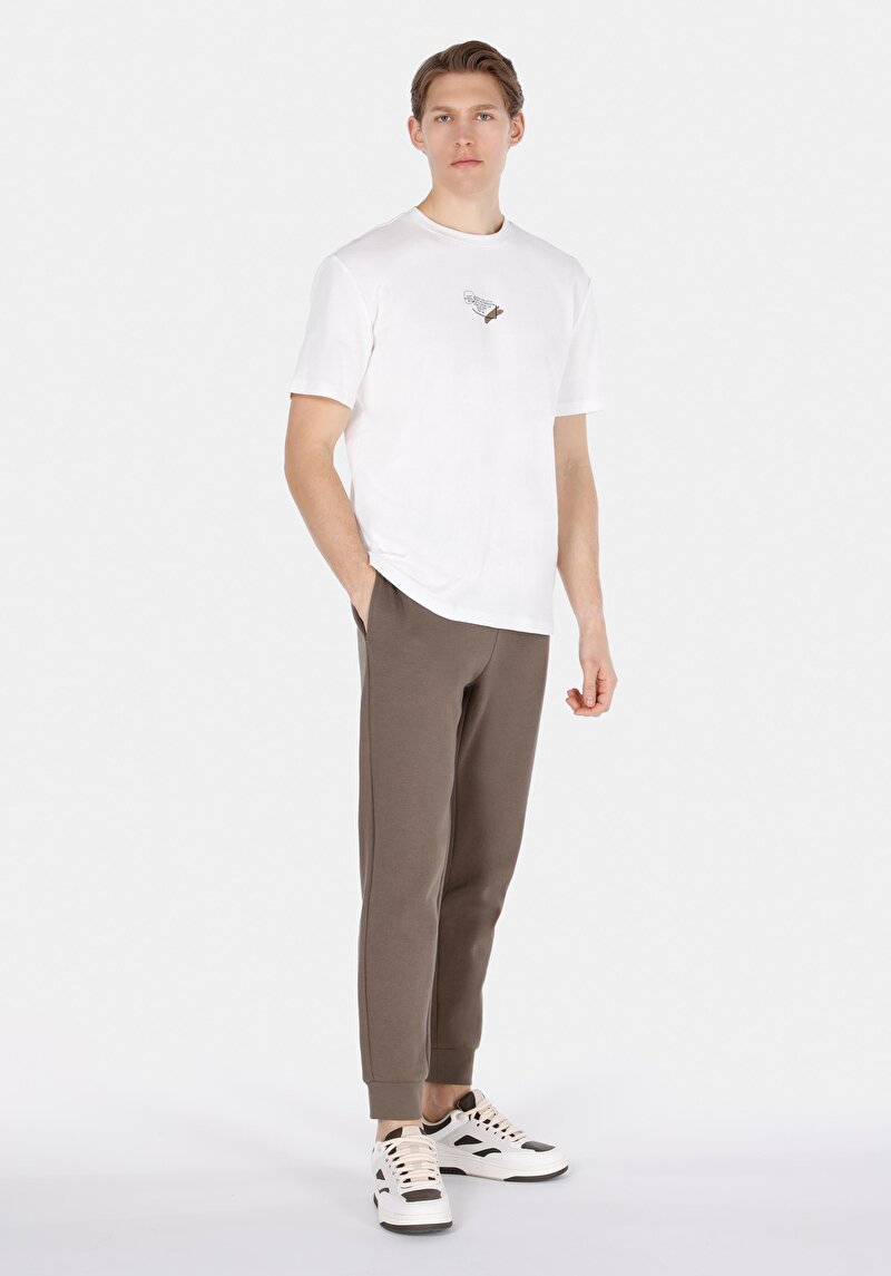 Comfort Fit Yuvarlak Yaka Jakarlı Erkek Beyaz Kısa Kol Tişört