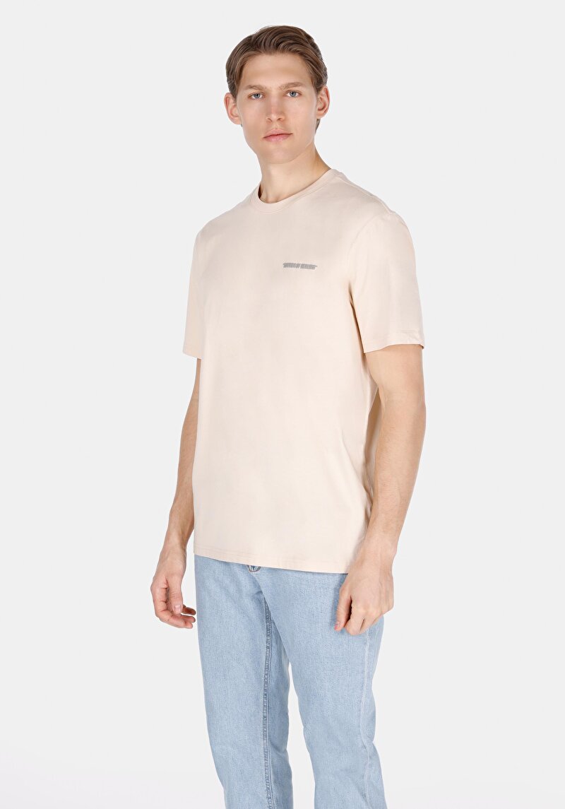 Comfort Fit Yuvarlak Yaka Düz Erkek Ekru Kısa Kol Tişört