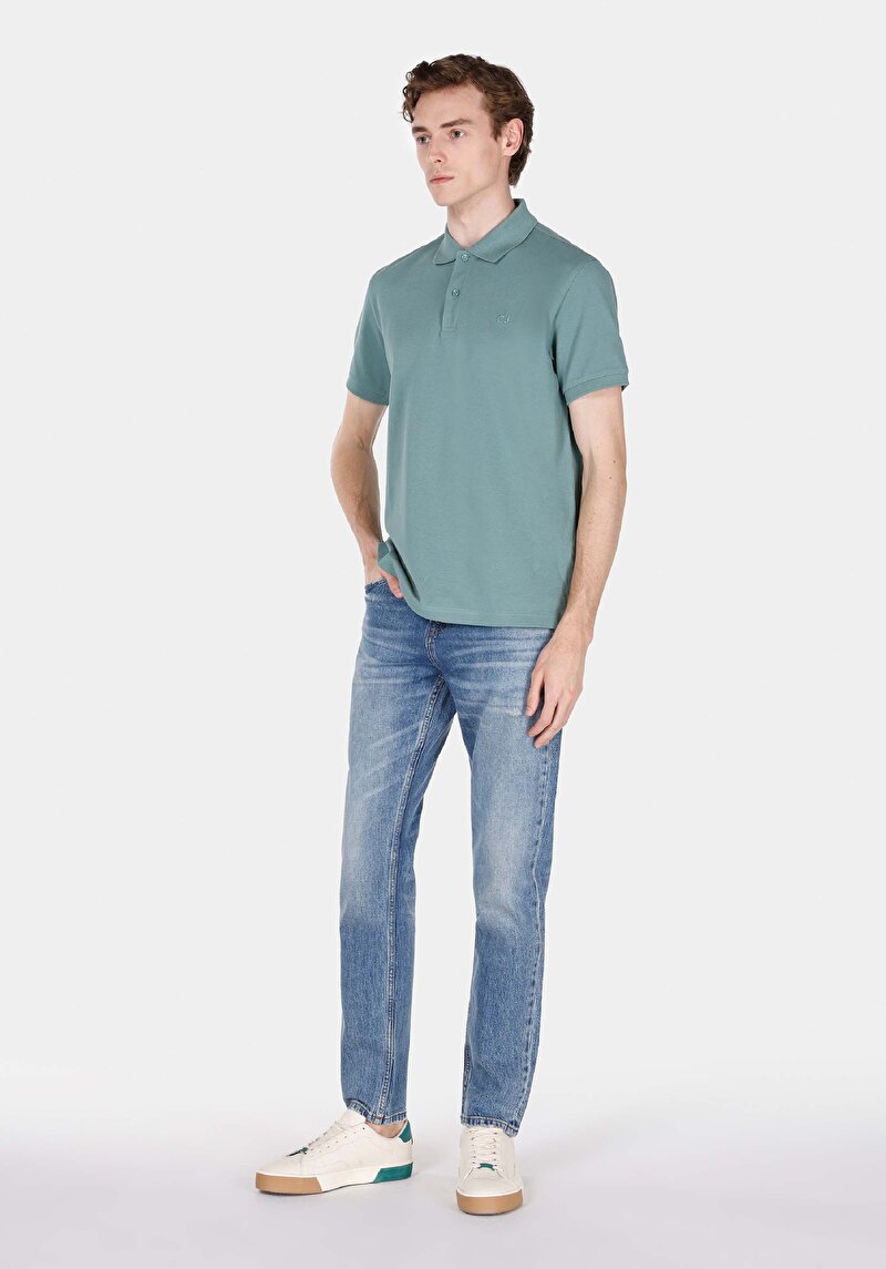 Regular Fit Polo Yaka Düz Erkek Yeşil Cepsiz Kısa Kol Tişört