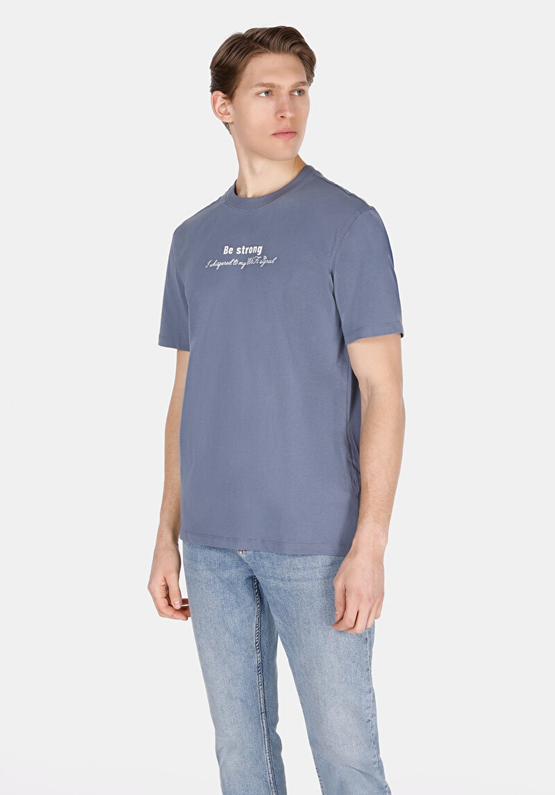 Comfort Fit Yuvarlak Yaka Düz Erkek Mavi Kısa Kol Tişört