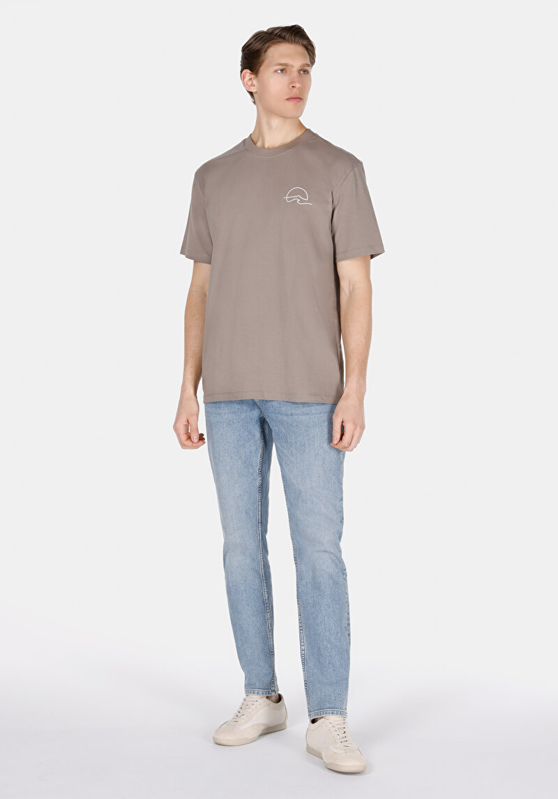 Comfort Fit Yuvarlak Yaka Düz Erkek Gri Pamuk Kısa Kol Tişört