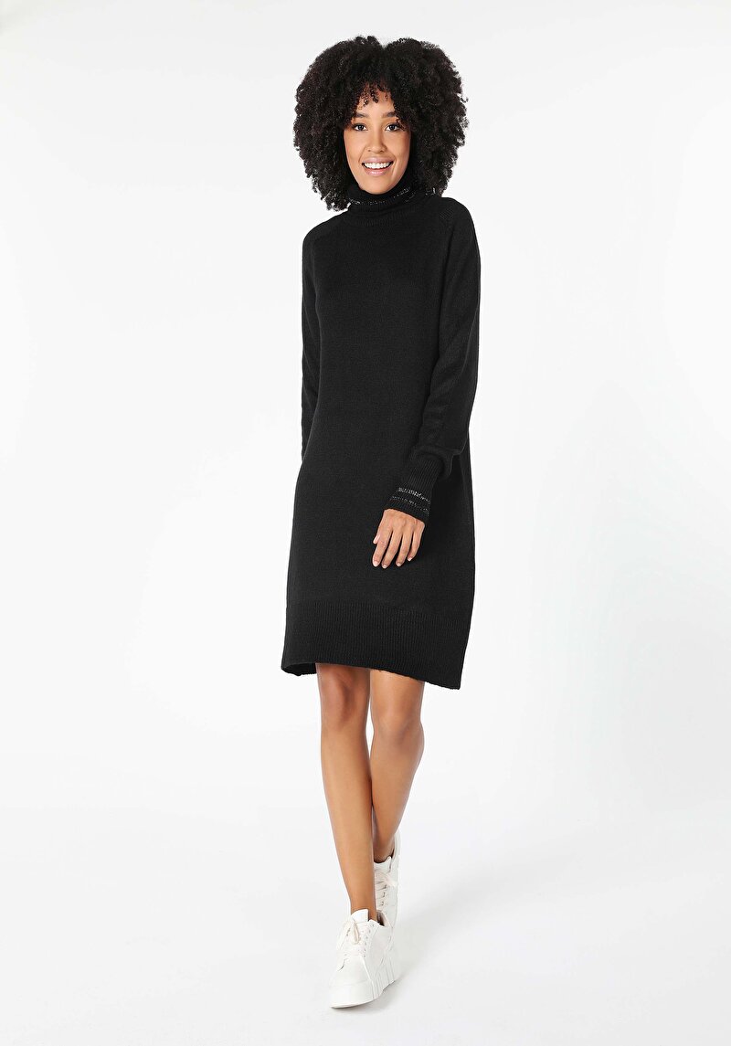 Regular Fit Düz Kadın Siyah Uzun Kol Elbise