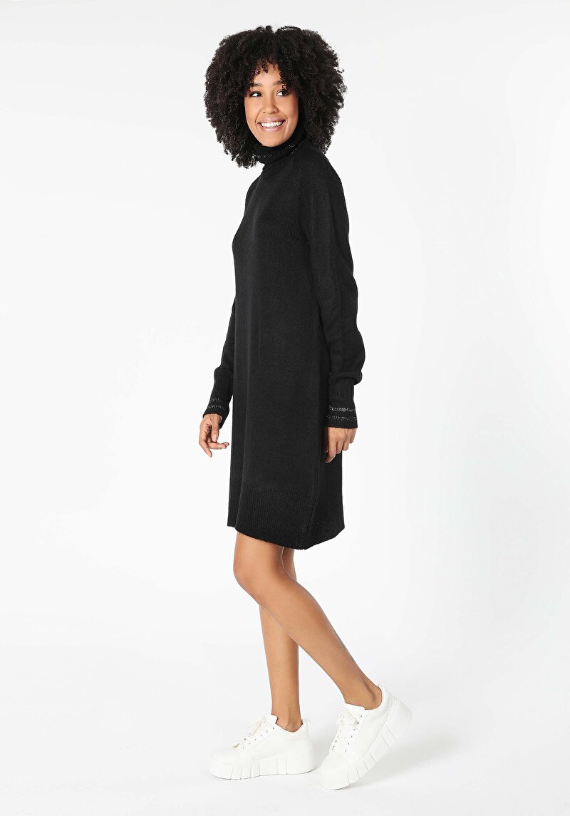 Regular Fit Düz Kadın Siyah Uzun Kol Elbise