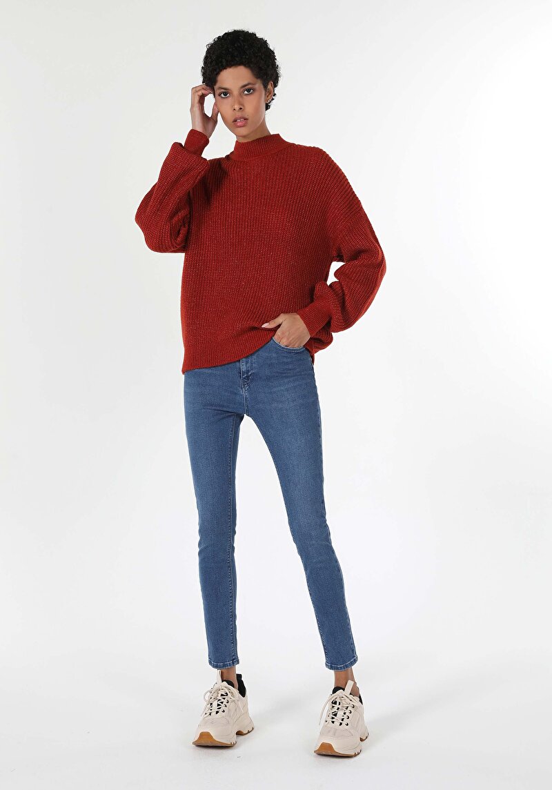 Regular Fit Dik Yaka Düz Kadın Kahverengi Kazak Cl1061539