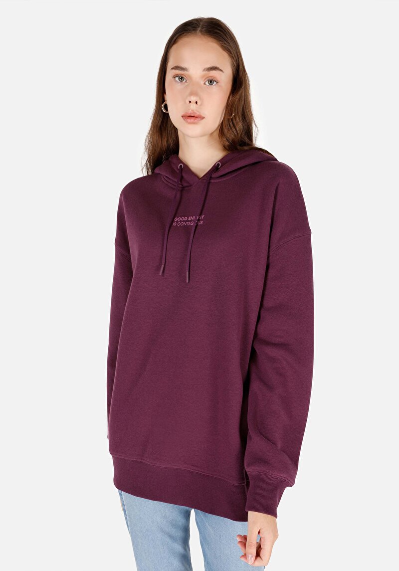 Comfort Fit Kapüşonlu Baskılı Kadın Mor Sweatshirt