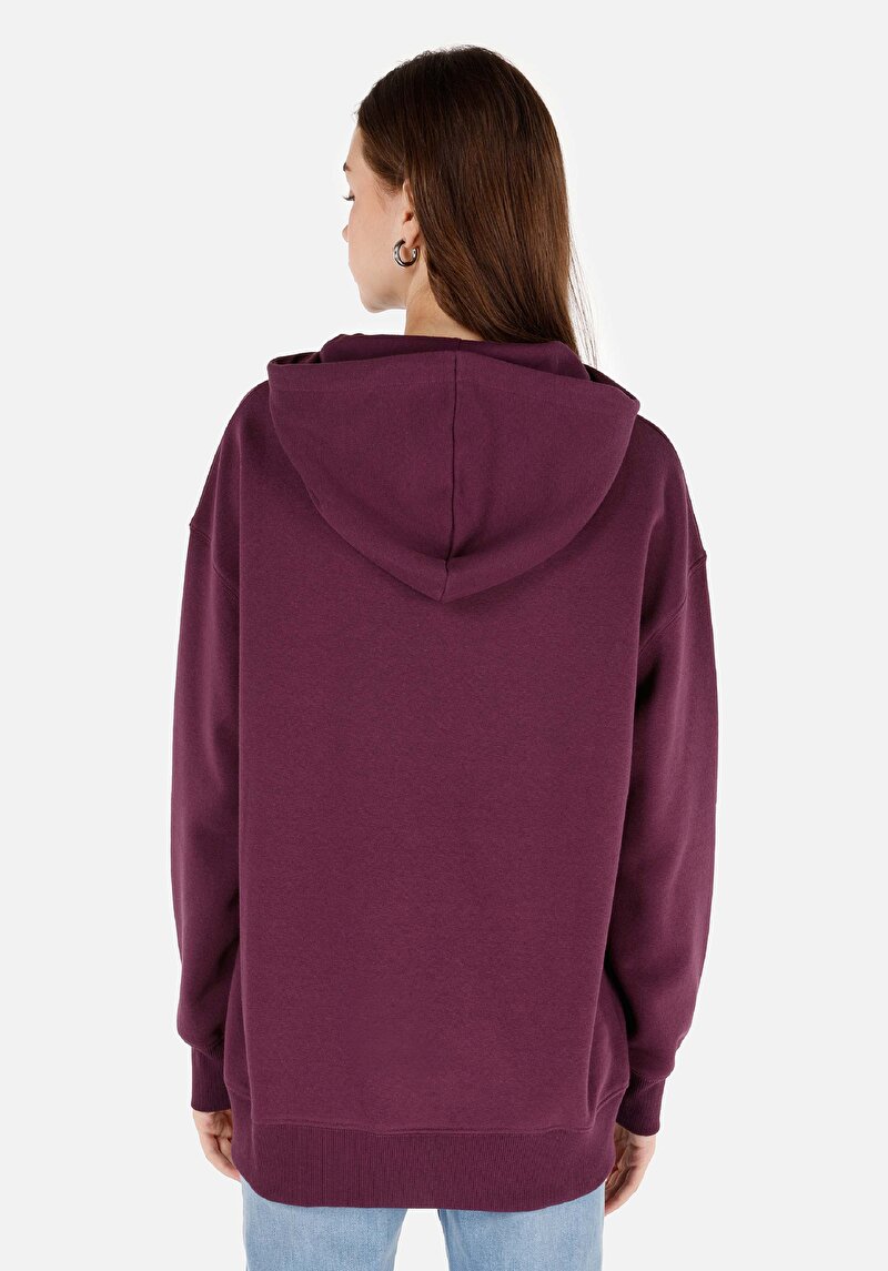 Comfort Fit Kapüşonlu Baskılı Kadın Mor Sweatshirt