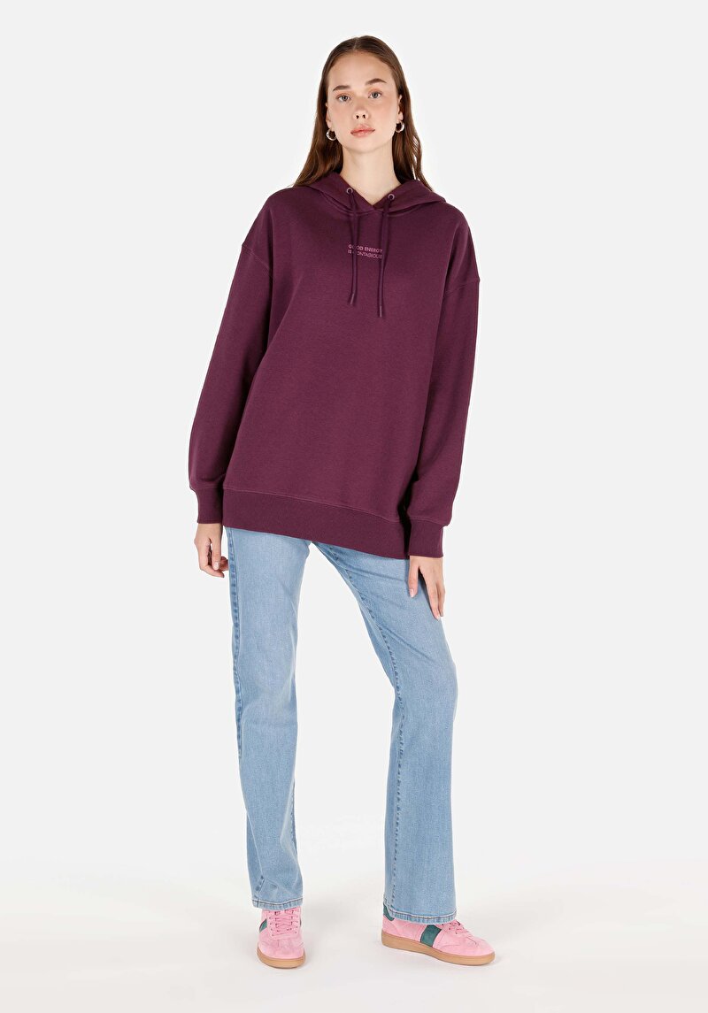 Comfort Fit Kapüşonlu Baskılı Kadın Mor Sweatshirt