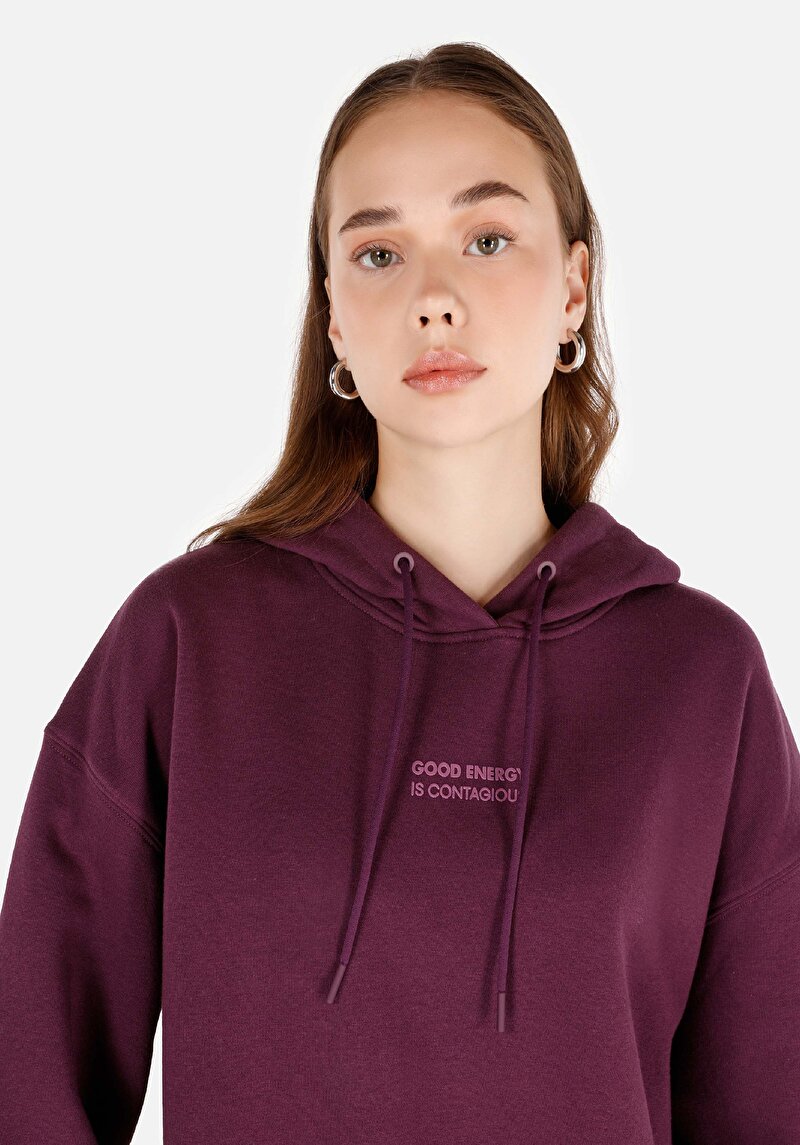 Comfort Fit Kapüşonlu Baskılı Kadın Mor Sweatshirt