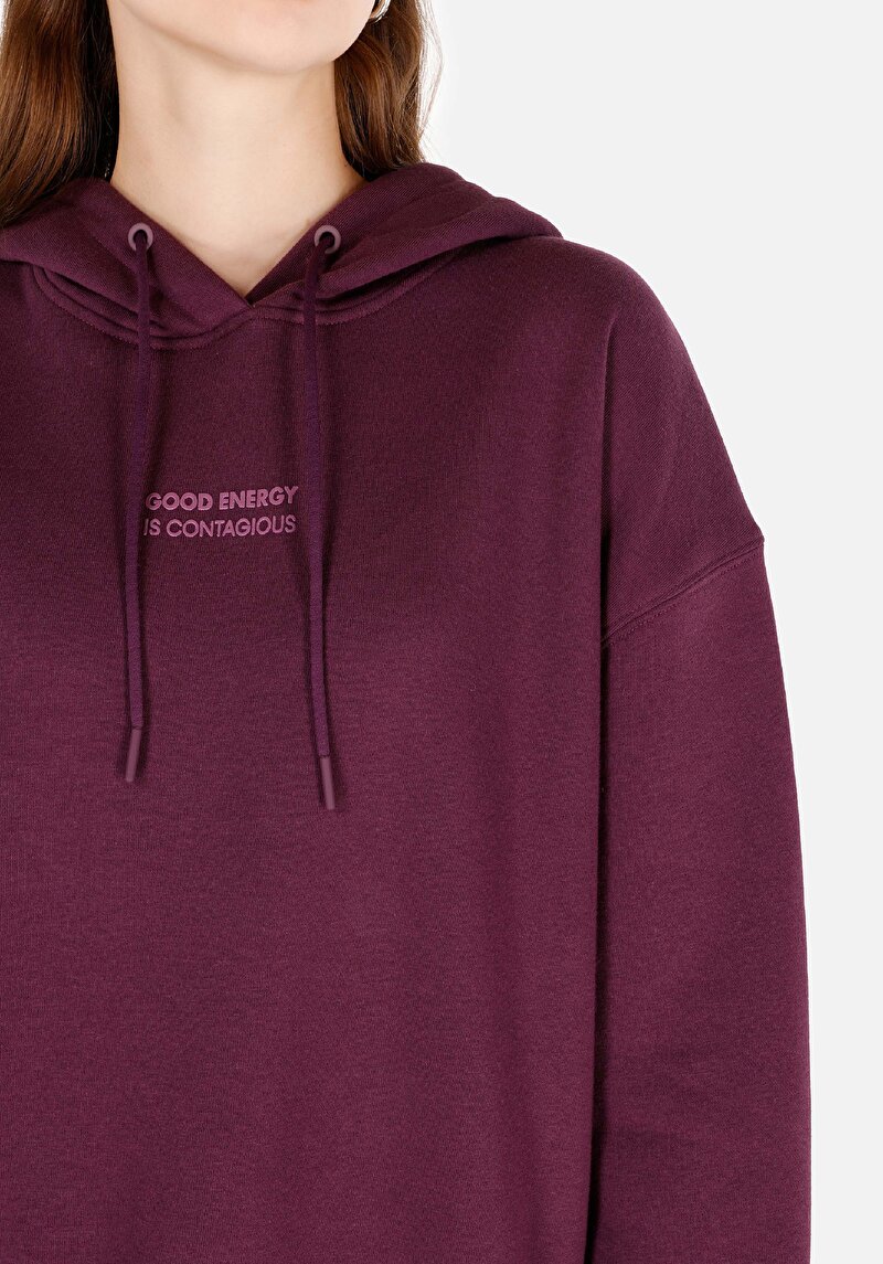 Comfort Fit Kapüşonlu Baskılı Kadın Mor Sweatshirt