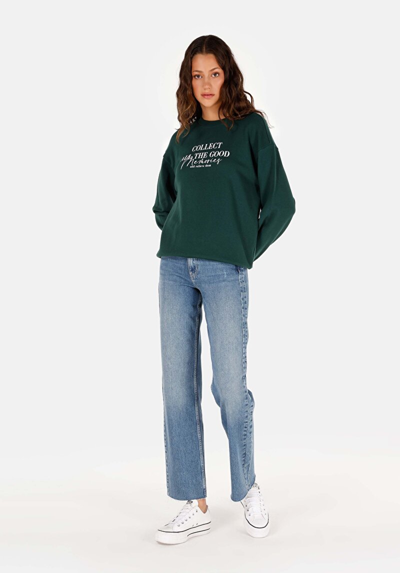 Regular Fit Yuvarlak Yaka Baskılı Kadın Yeşil Sweatshirt